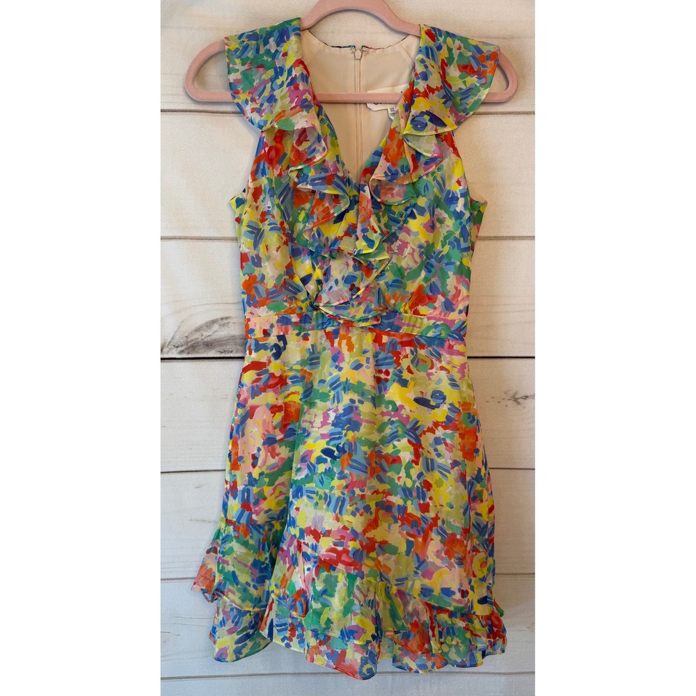 Saloni Silk Multi Color Abstract Painterly Ruffle Mini Dress Size 2 US 6 UK